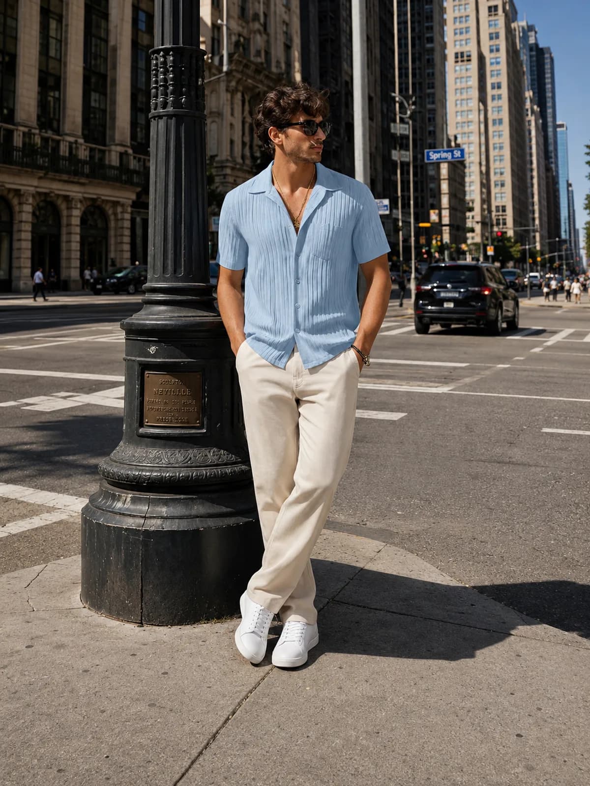 A man in a camel jacket, cream trousers and white sneakers against a concrete wall